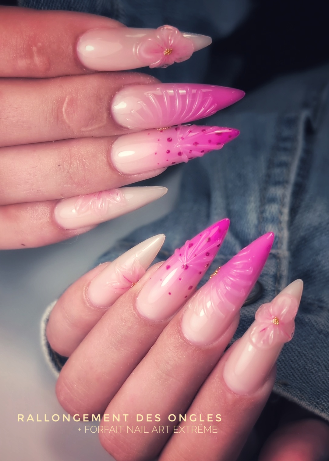 Rallongement des ongles avec forfait Nail Art Extrême en supplément (babycolor + gel painting + motifs relief + fleurs 3D réalisées à la main)
