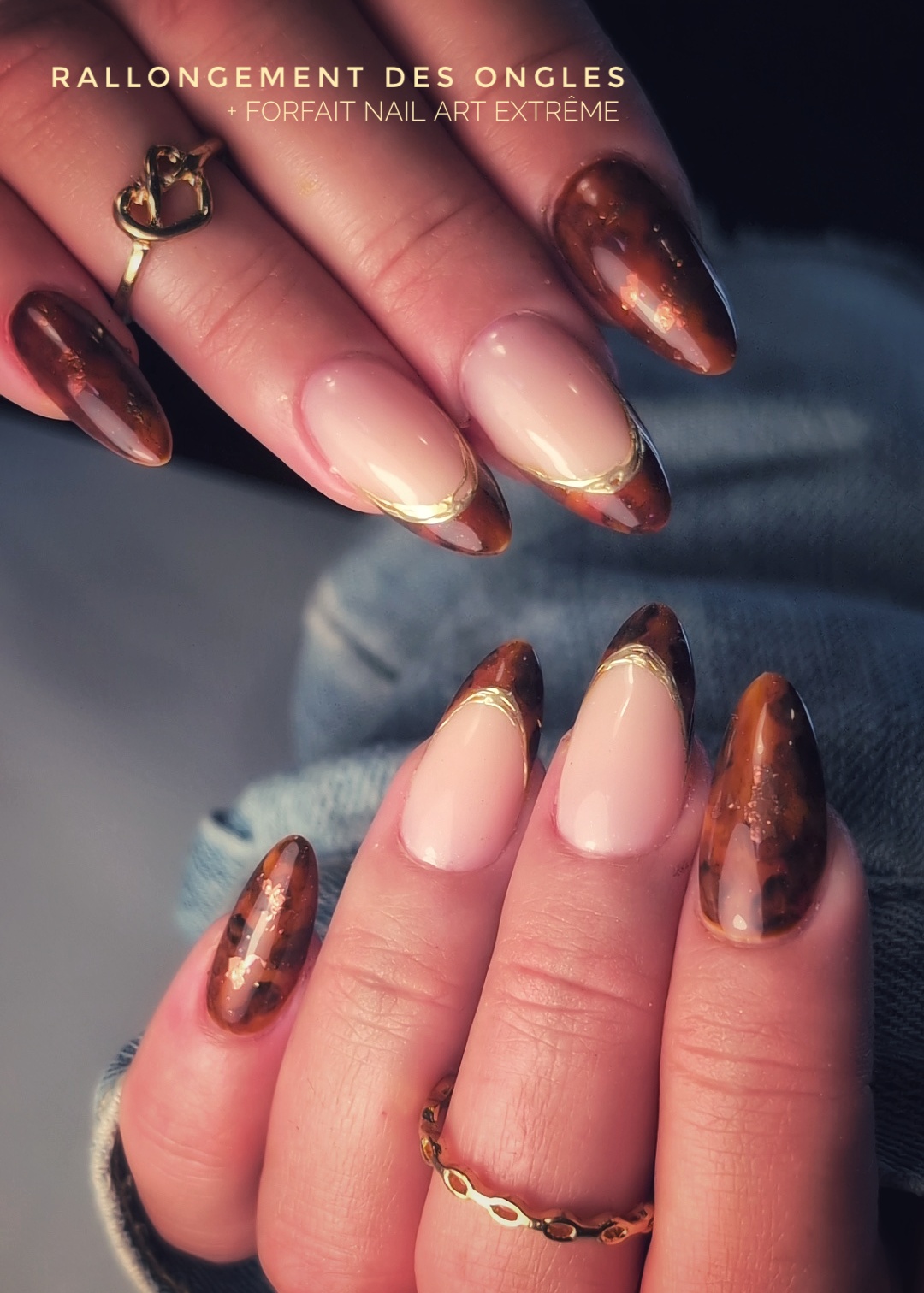 Rallongement des ongles avec forfait Nail Art Extrême (effet tortoise + liserets de chrome or)