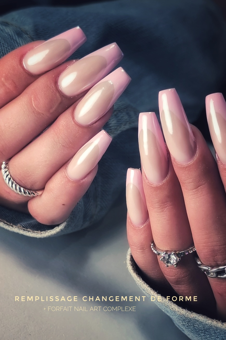 Remplissage changement de forme (amande stilleto à ballerine) avec forfait Nail Art Complexe + French + 10 doigts chrome