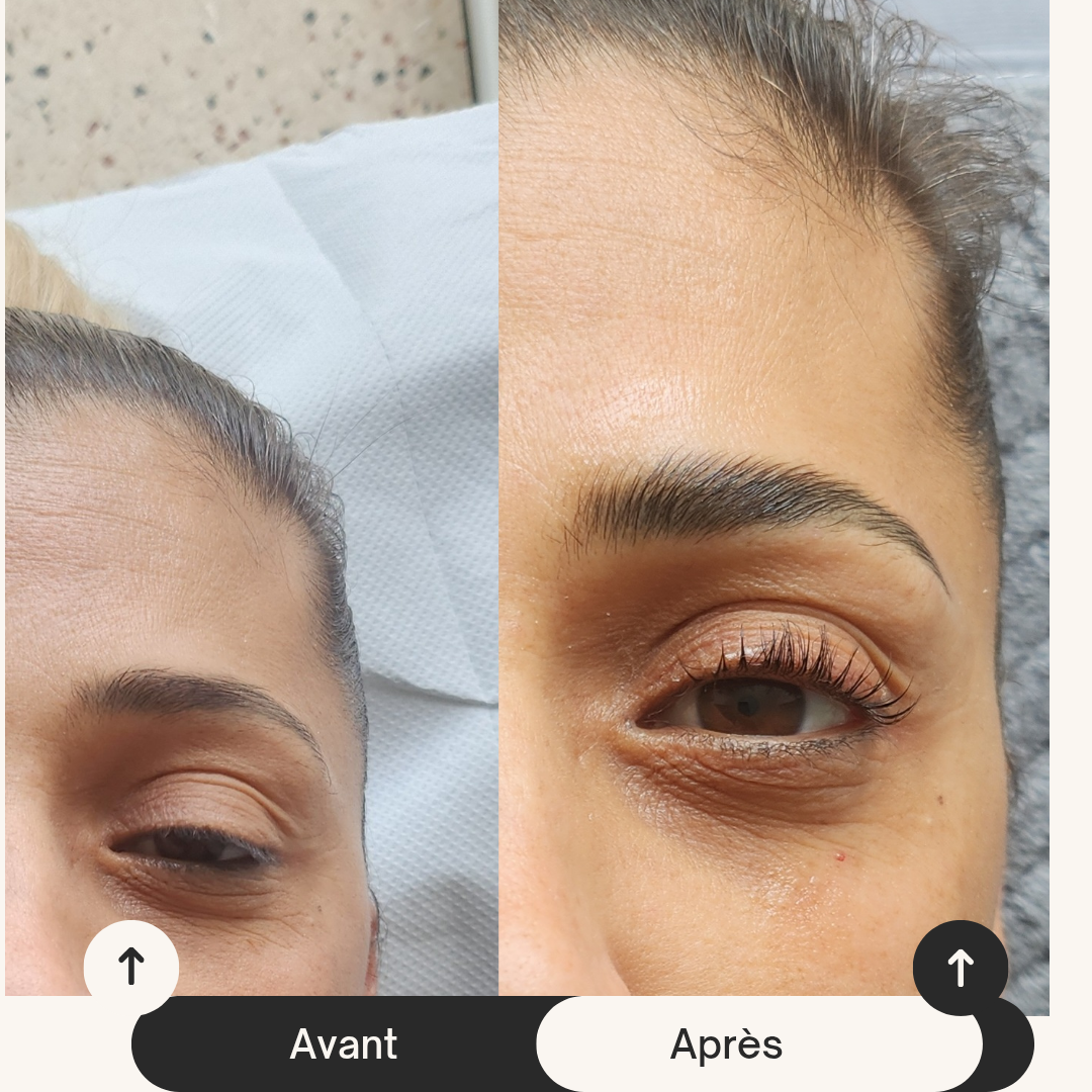 ma cliente voulait un rendu discret nous avons donc opté pour le combo Browlift sans coloration ainsi que le rehaussement de cils coréen+ tenture