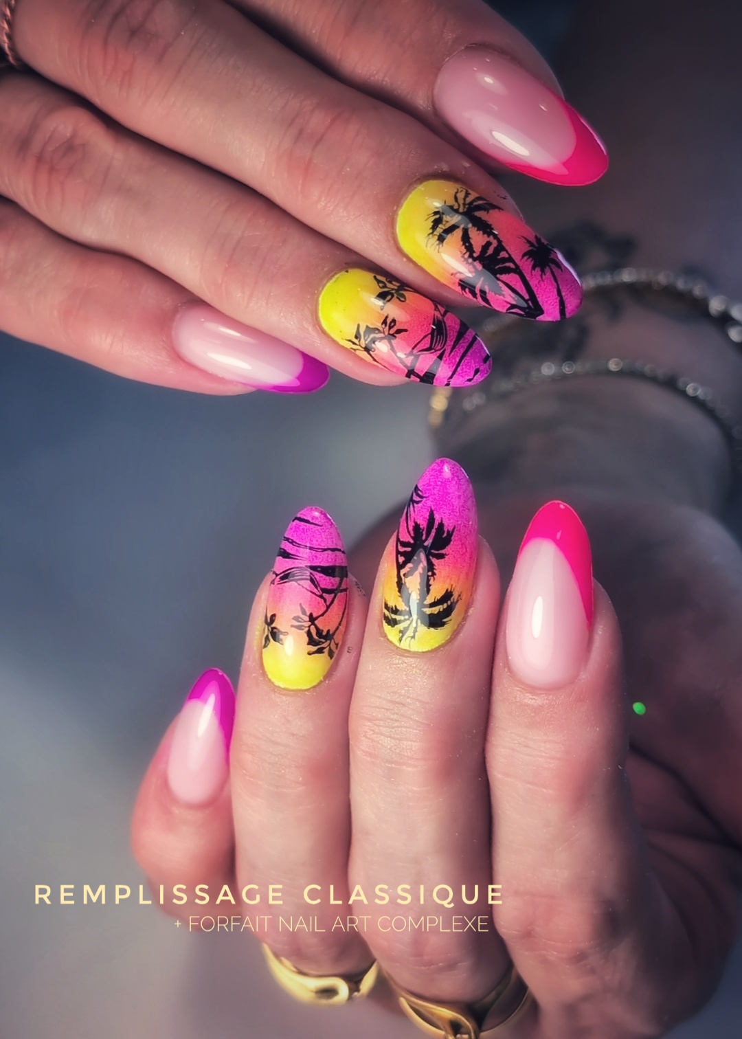 Remplissage classique des ongles avec forfait Nail Art Complexe (dégradé de 4 couleur+ french + déco tropicales)