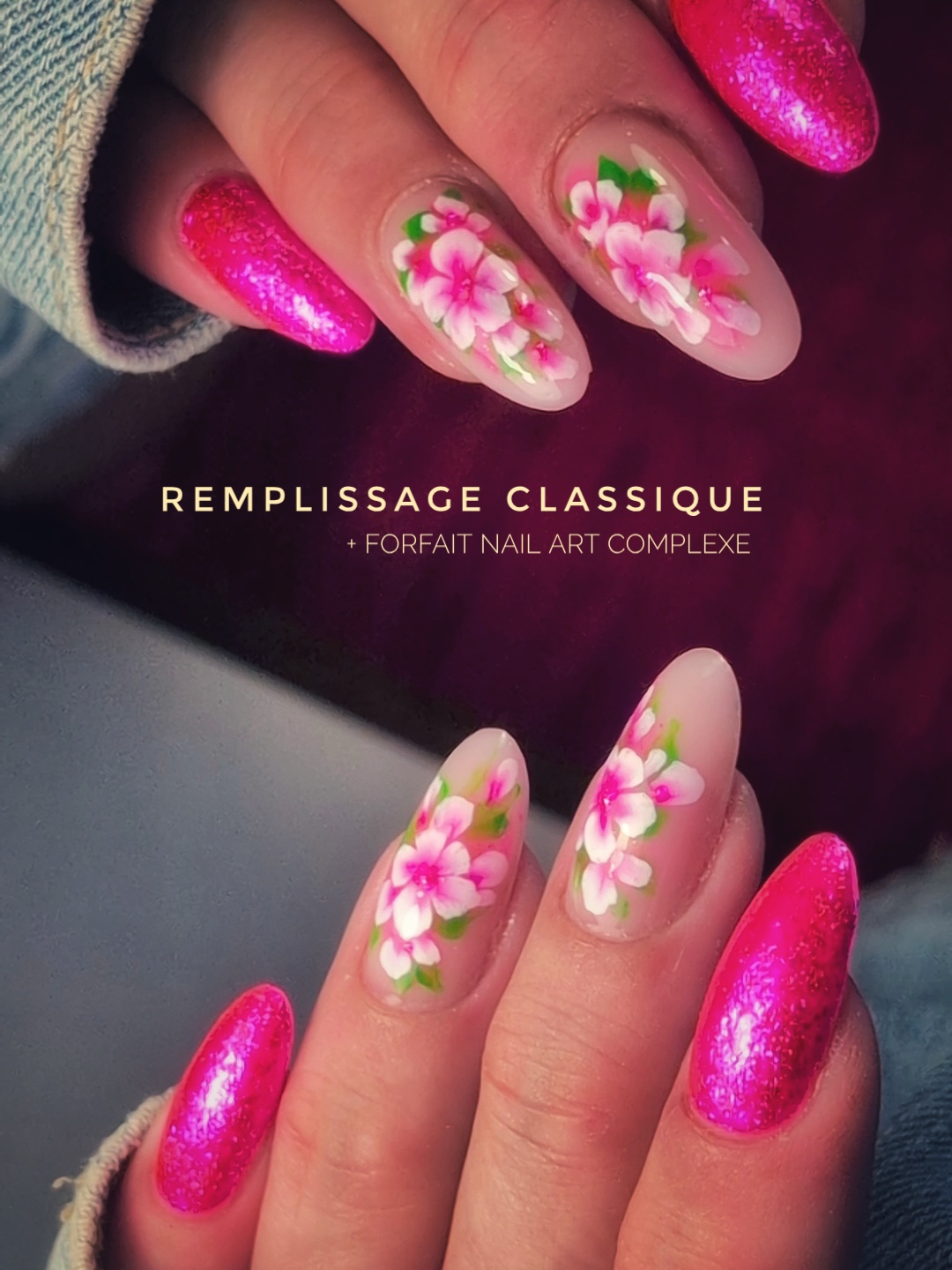 Remplissage classique des ongles avec forfait Nail Art Complexe (fleurs en one stroke gel à la main)